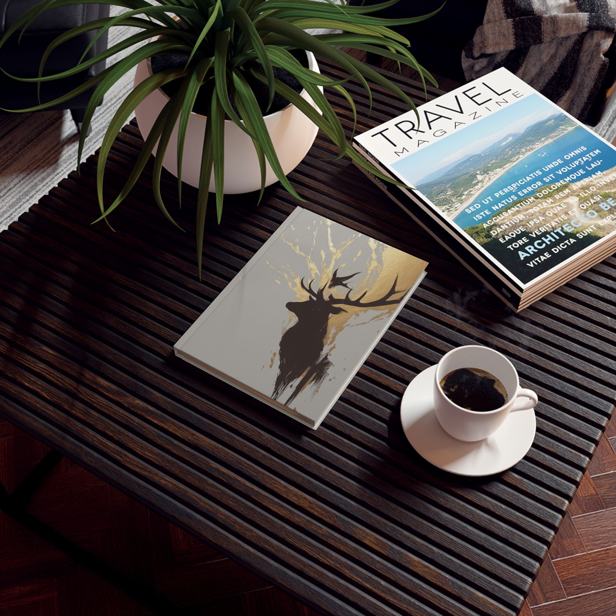 Stag Silhouette Hardback Journal — Gold Antler Art Notebook for Nature Lovers